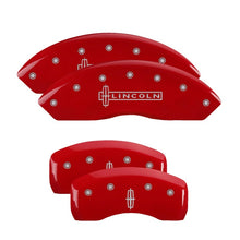 Load image into Gallery viewer, MGP 4 Caliper Covers Engraved Front Lincoln Engraved Rear Star logo Red finish silver ch