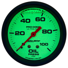 Load image into Gallery viewer, Autometer Ultra-Nite 2-5/8in 0-100 PSI Liquid Filled Mechanical Glow In Dark Oil Pressure Gauge