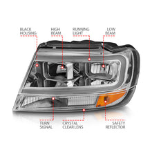 Load image into Gallery viewer, ANZO 1999-2004 Jeep Grand Cherokee Crystal Headlights w/ Light Bar Chrome Housing