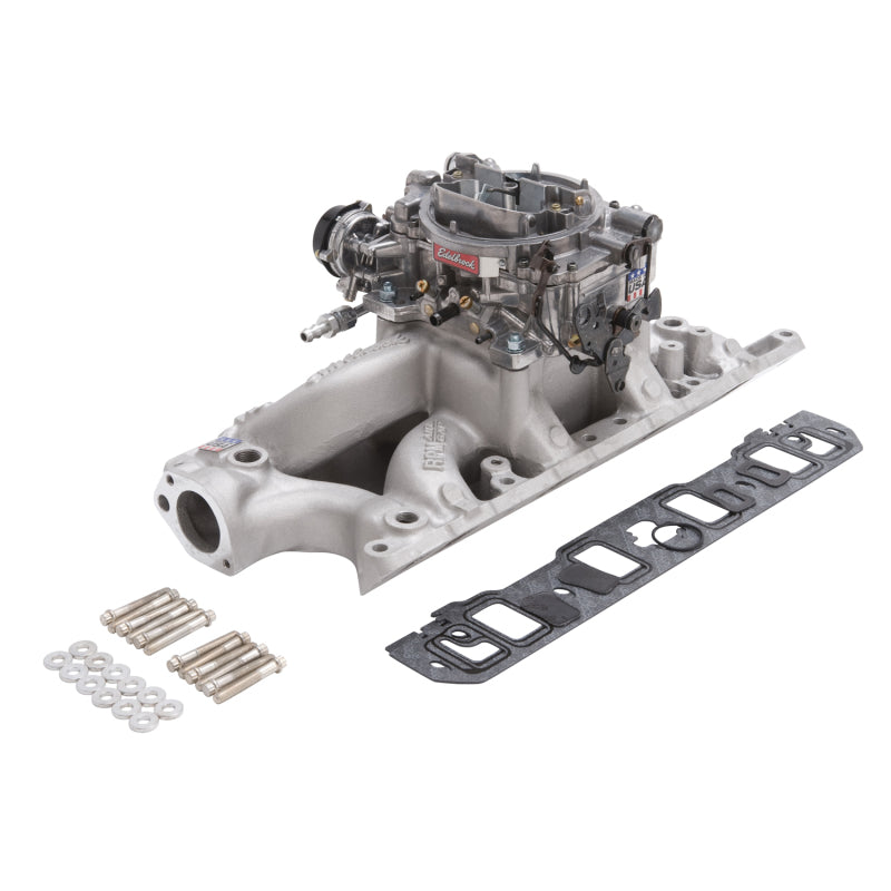 Edelbrock Manifold And Carb Kit Performer RPM Small Block Chevrolet 1957-1986 Natural Finish