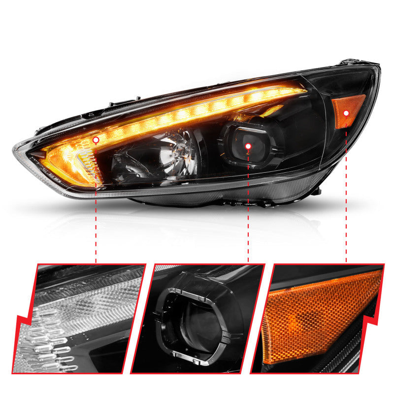 ANZO 15-18 Ford Focus Projector Headlights - w/ Light Bar Switchback Black Housing AJ-USA, Inc